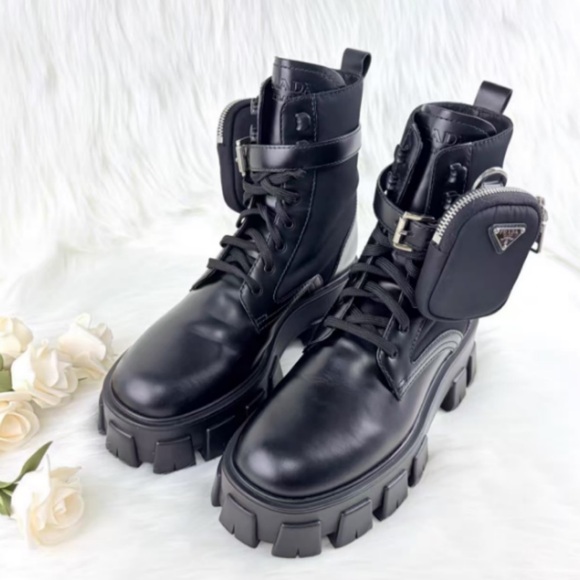Prada. Shoes - Prada Black Leather Lug-Sole Combat Boots with Removable Side Pouches